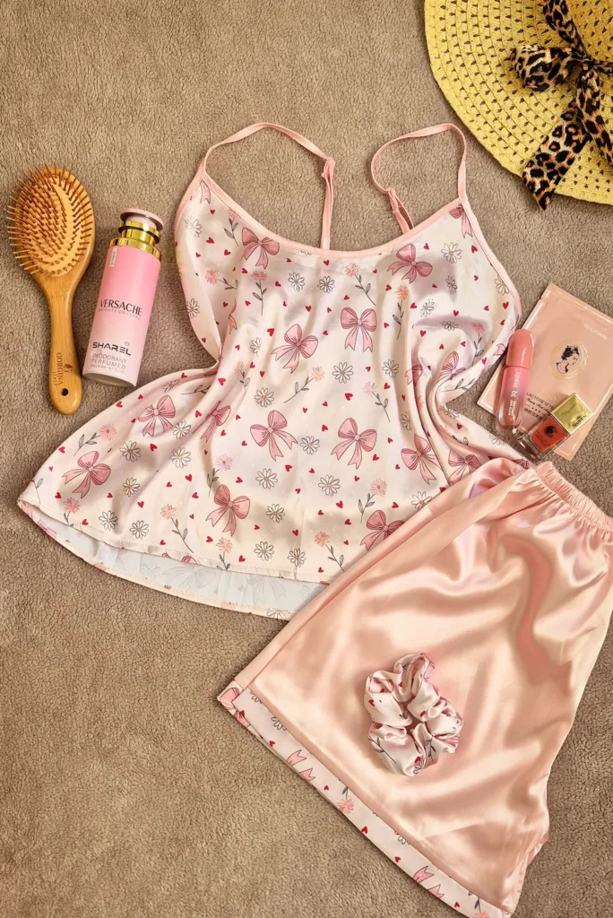 ست سه تیکه تاپ شلوارک ساتن طرح طرح طرح پاپیون صورتی کد 1113