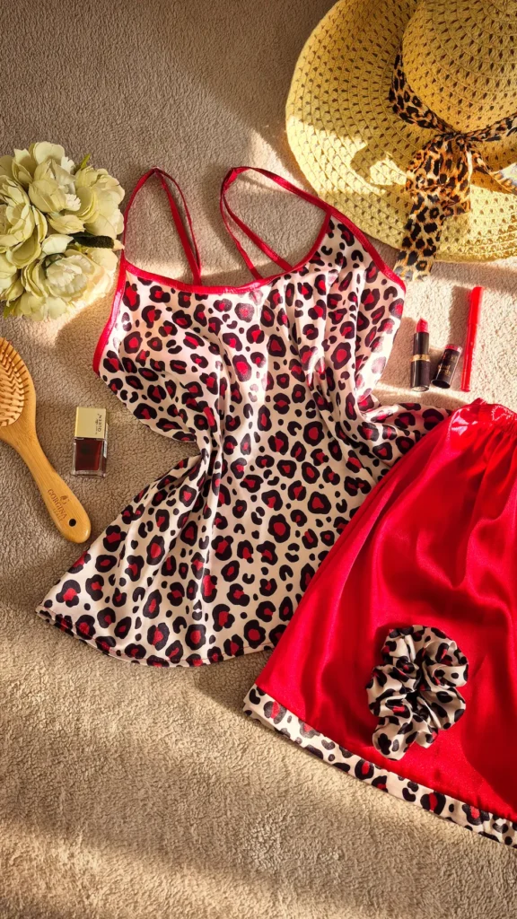 ست سه تیکه تاپ شلوارک ساتن طرح پلنگی قرمز کد 1115