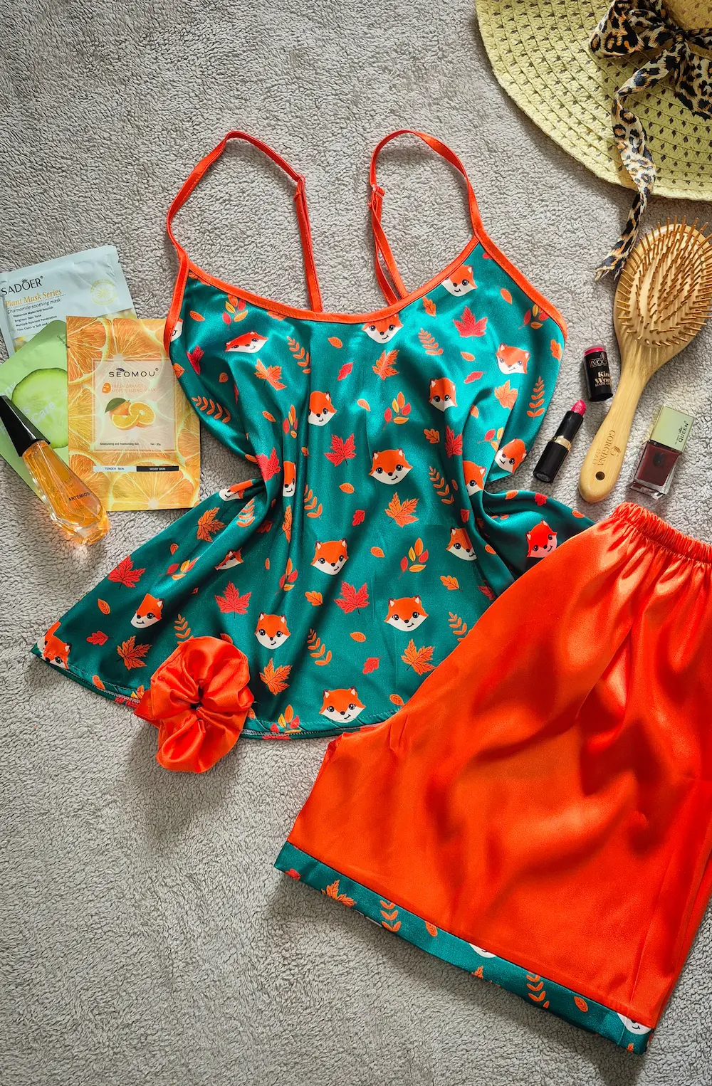 ست سه تیکه تاپ شلوارک ساتن طرح روباه کد 1117