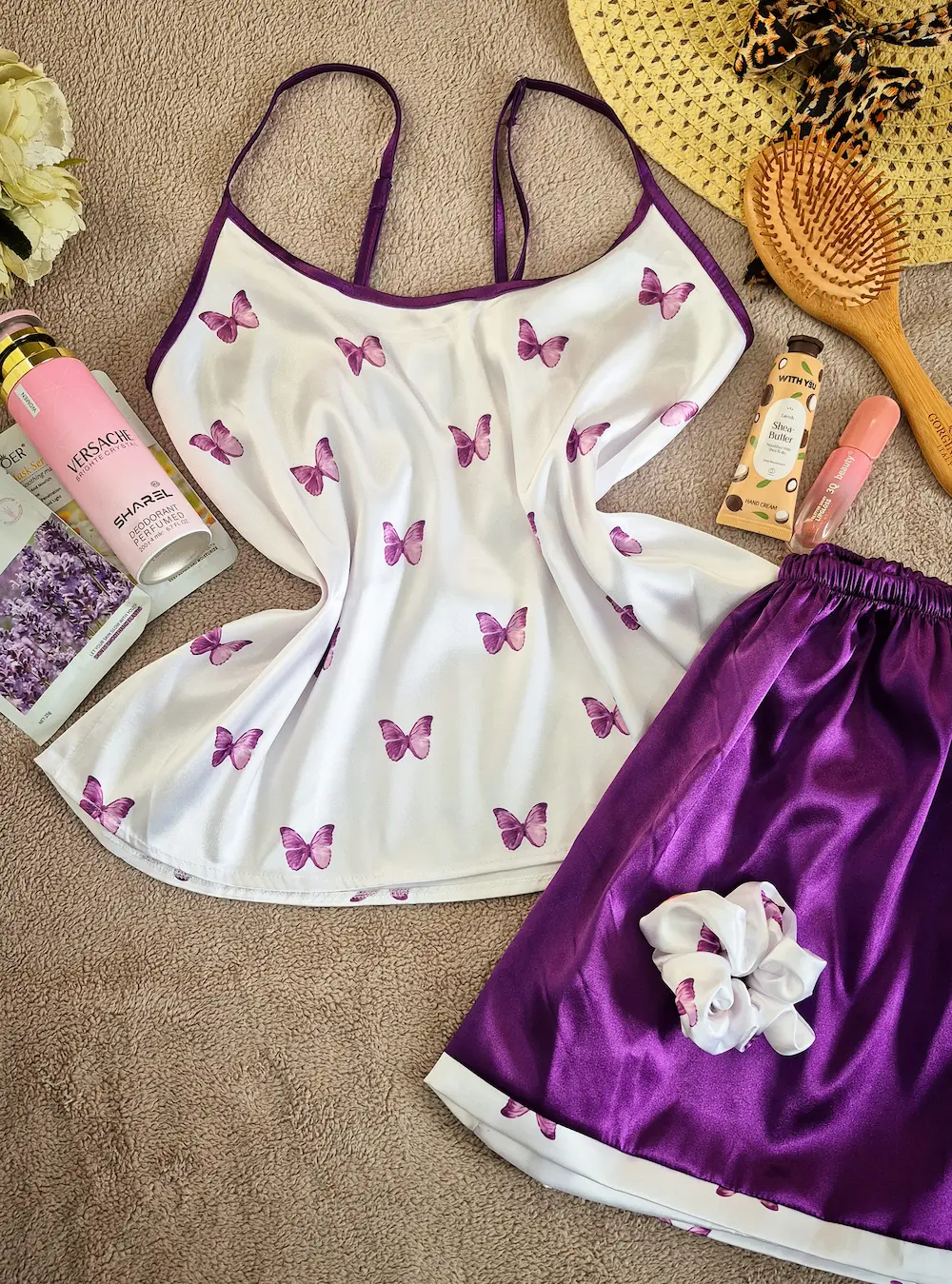 ست سه تیکه تاپ شلوارک ساتن طرح پروانه بنفش کد 1123